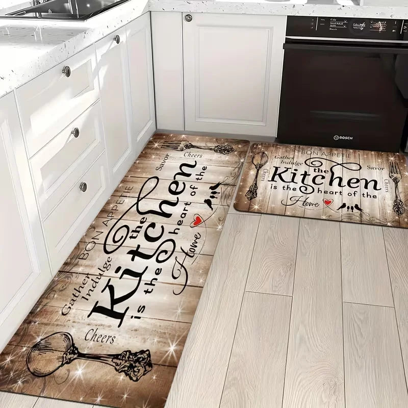 Kitchen Mat "Kitchen is the Heart of the Home" Wood Grain & Culinary Motifs Floor Mats for Sink Dining Room Living Room Bedroom