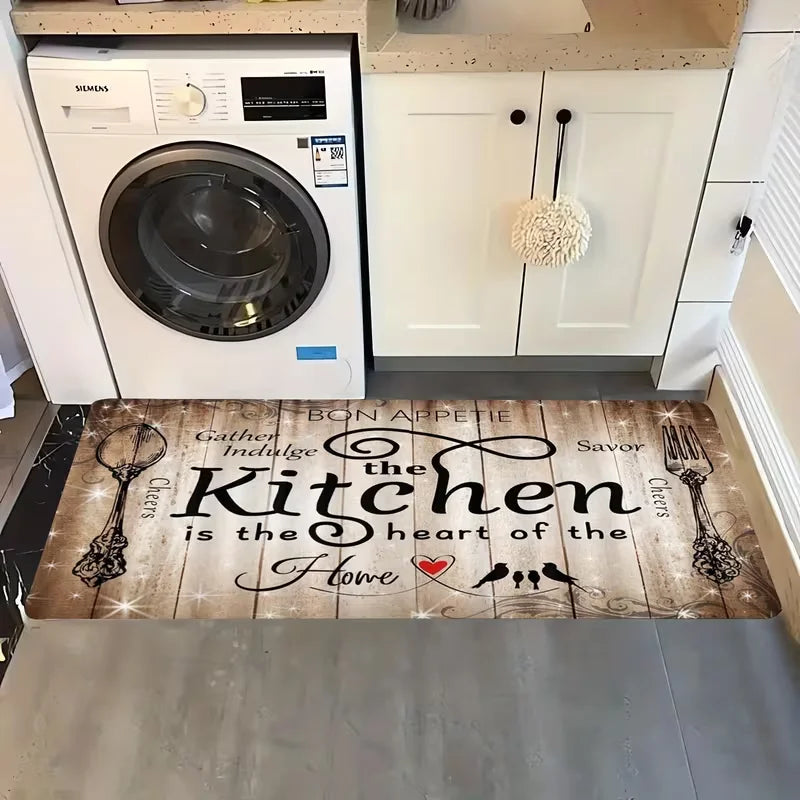 Kitchen Mat "Kitchen is the Heart of the Home" Wood Grain & Culinary Motifs Floor Mats for Sink Dining Room Living Room Bedroom