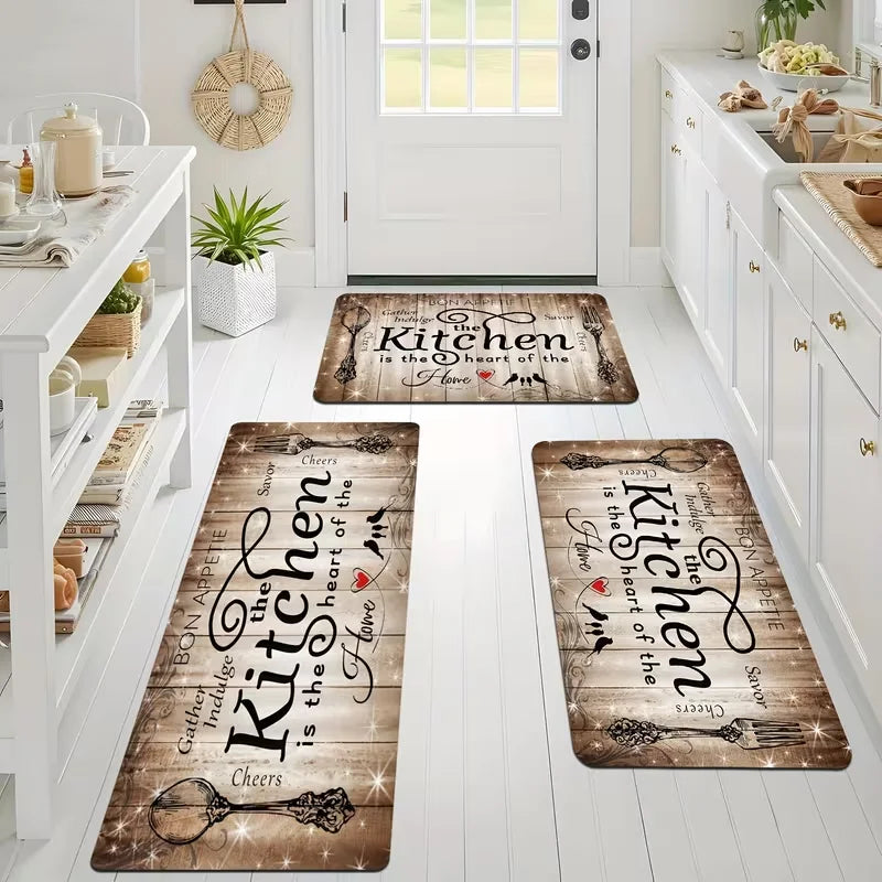 Kitchen Mat "Kitchen is the Heart of the Home" Wood Grain & Culinary Motifs Floor Mats for Sink Dining Room Living Room Bedroom