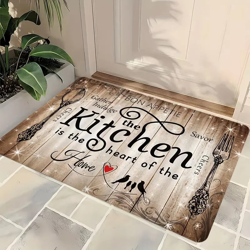 Kitchen Mat "Kitchen is the Heart of the Home" Wood Grain & Culinary Motifs Floor Mats for Sink Dining Room Living Room Bedroom