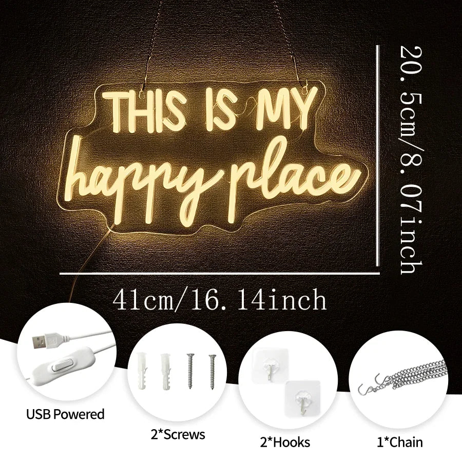 Home Decor This Is My Happy Place Led Neon Light Sign Bedroom Kids Room Birthday Party Christmas Wall Sign decor  Home Bar Pub